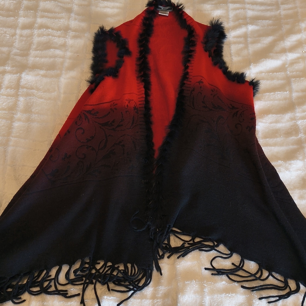 Red and Black Fringe Vest with Fur Trim